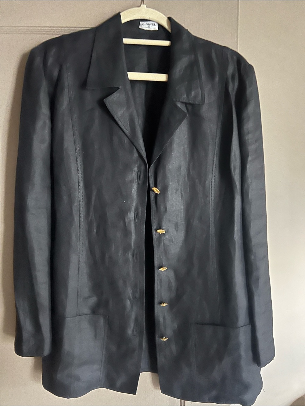 CHANEL Black Leather Gold-Button Jacket
